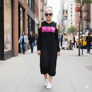 EUC Juna & Hope black and purple cold shoulder accent track dress with hood, S